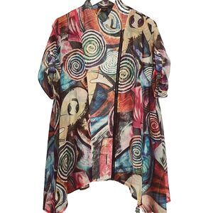 Radzoli Full Zip Top M Sheer Shark-bite Hem Tab Sleeve Abstract Art to Wear